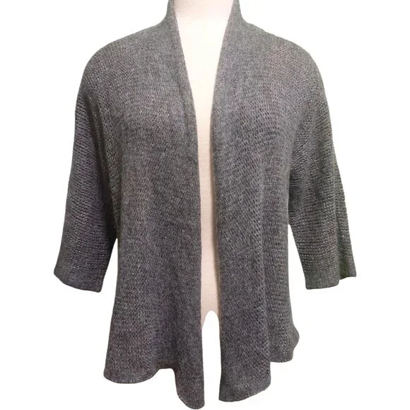 Eileen Fisher Open Front Gray Metallic Alpaca/Wool Blend Cardigan Sweater Large - Picture 1 of 8